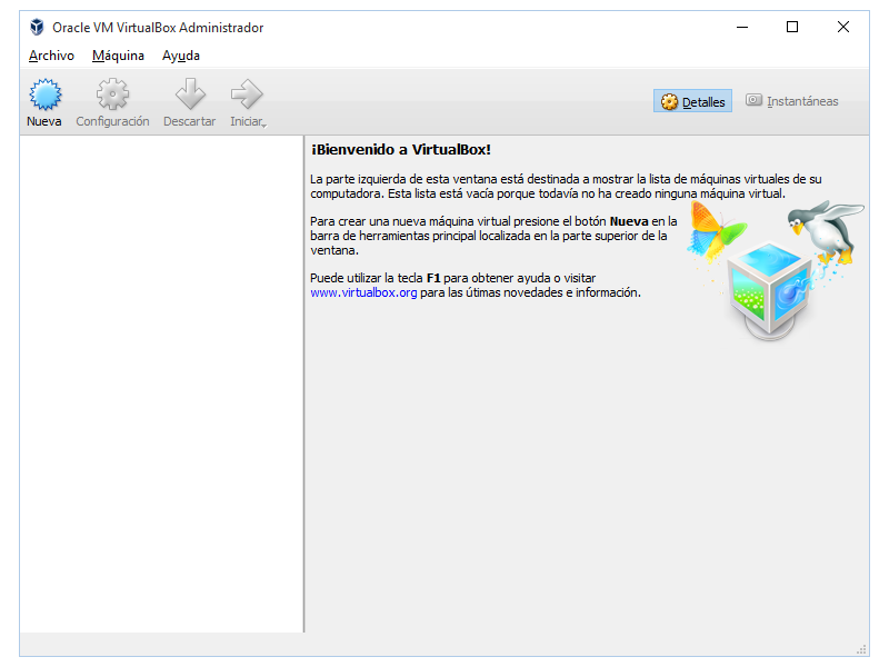 Pantalla inicial de virtualbox