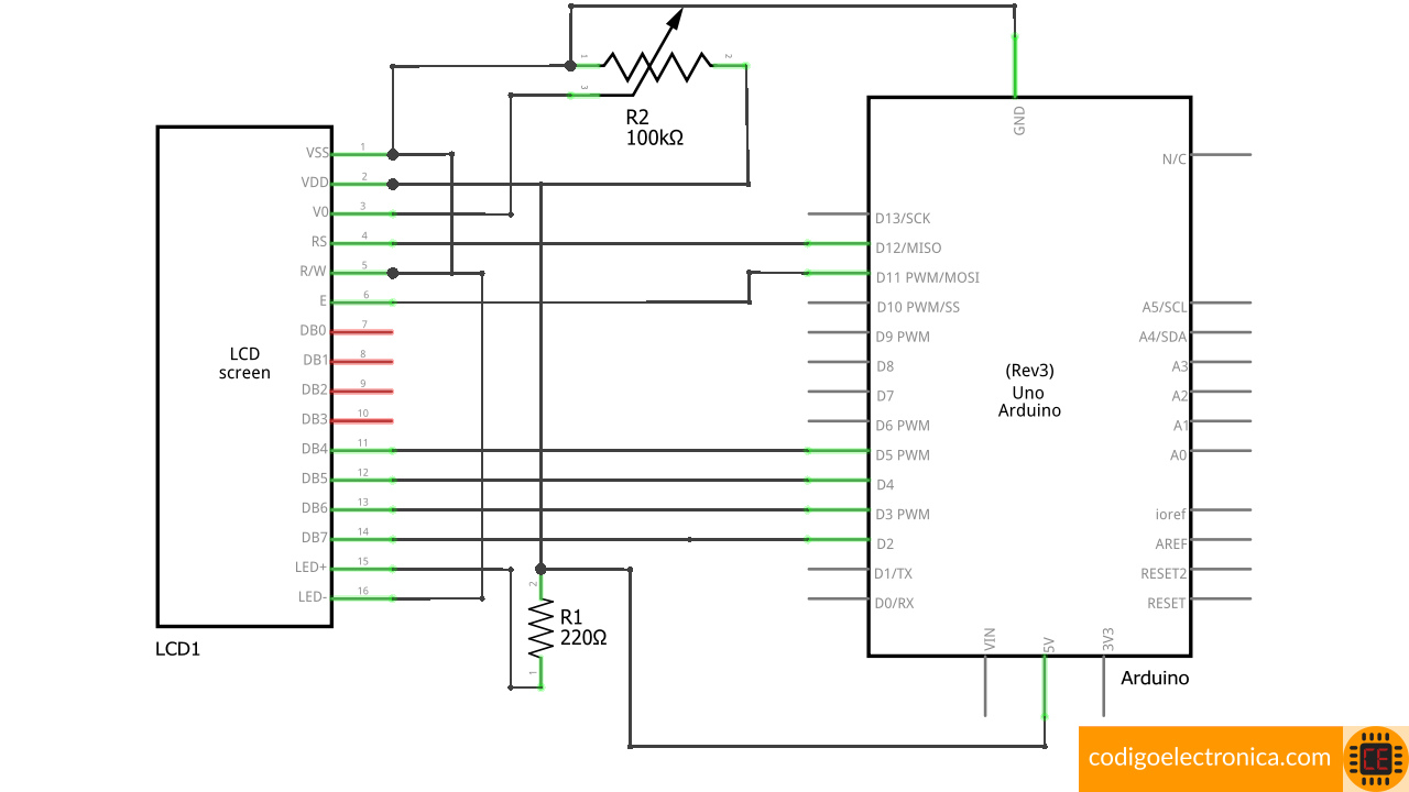 Esquema de conexión lcd 2x16