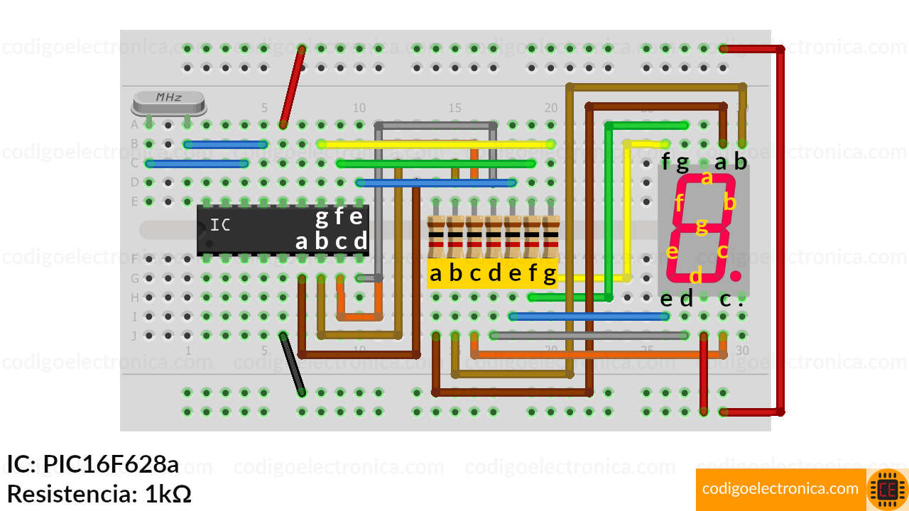 Conexión display 7 segmentos ánodo cómun schem