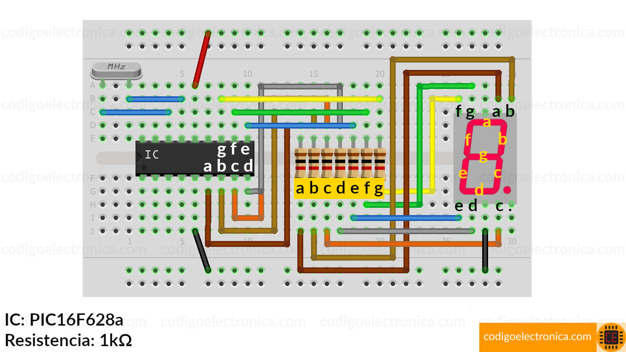 Conexión display 7 segmentos cátodo cómun schem