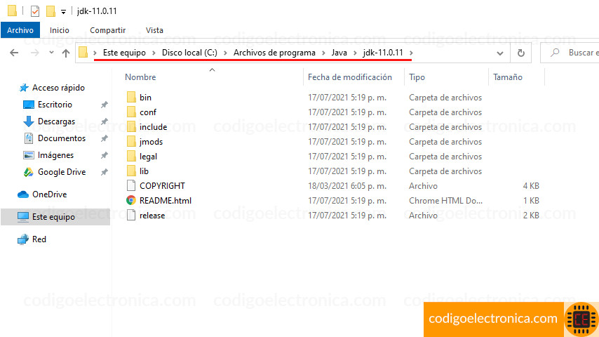 Ruta instalación jdk 11