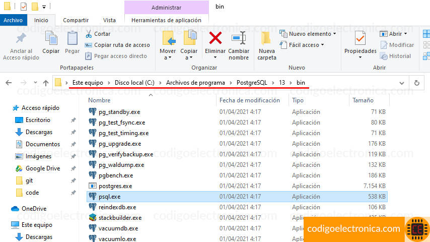 Carpeta bin postgresql
