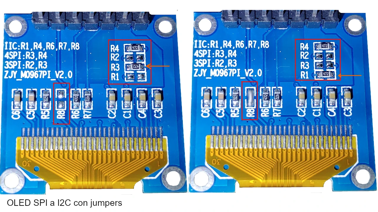 OLED SPI a I2C con jumpers