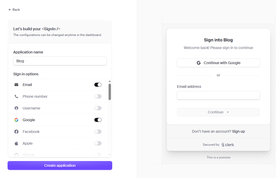 Crear nieva aplicación en clerk