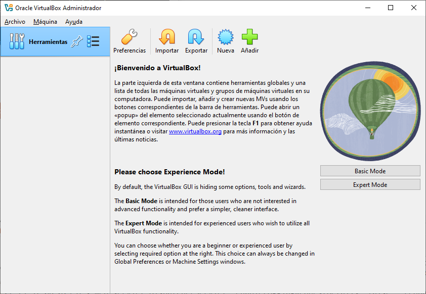 Pantalla inicial de virtual box 7