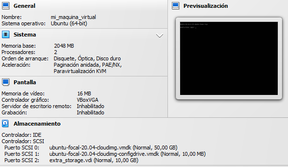 Parámetros de virtualbox
