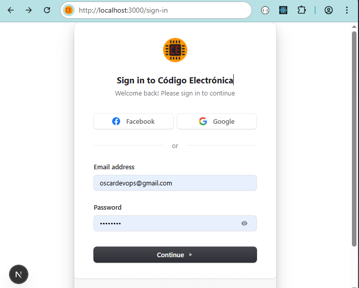 Pantalla inicio sesión clerk