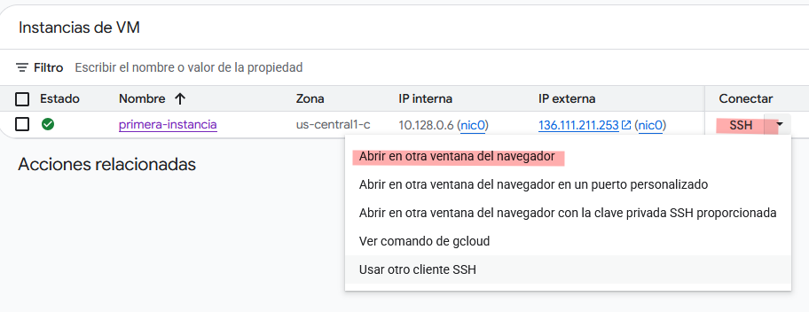 Listado instancias, conexión SSH