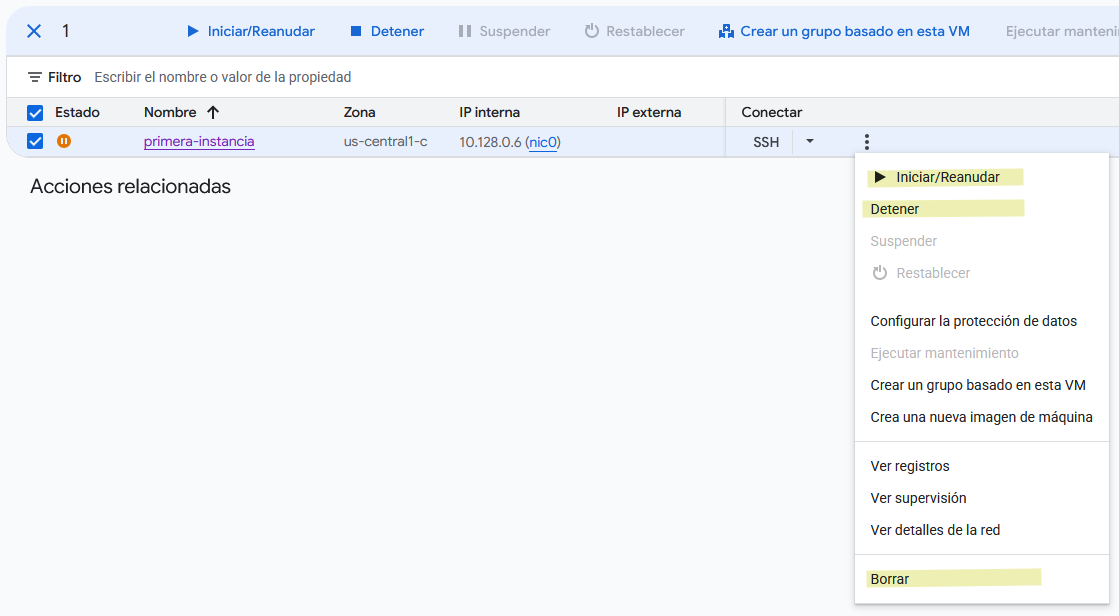 Siguientes estados después de suspender instancia VM
