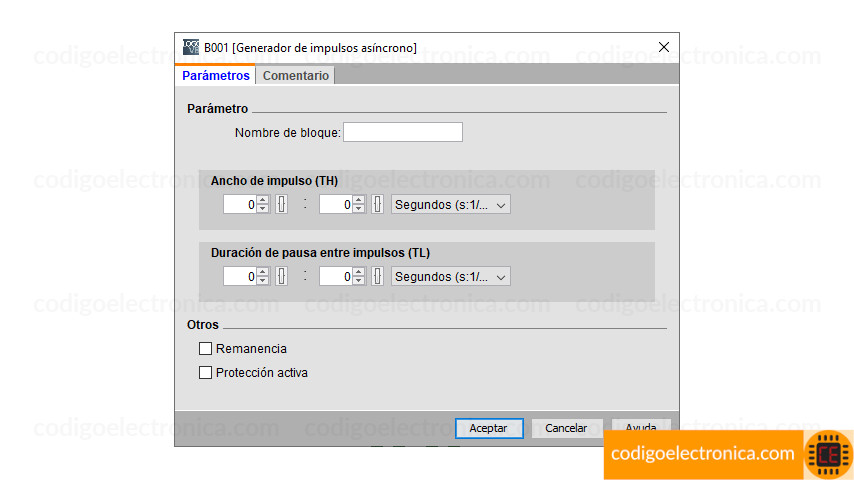 Generador de impulsos asíncrono parametros
